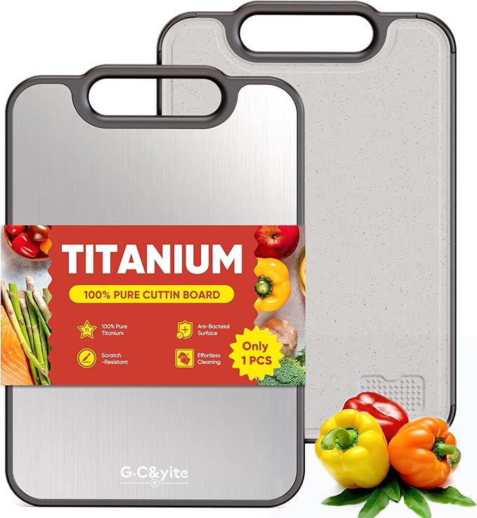 G.C&yite Titanium Cutting Board for kitchen, Lightweight No Toxic Double Sided Pure Titanium Chopping Board with Wheat Straw PP for Food Safety, Easy to Clean, Kitchen Gifts 15.5" x 10.5", 1-Pcs
