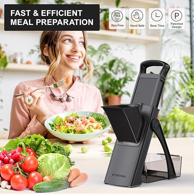 2025 [All in 1] Upgraded Version Safe Mandoline Slicer for Kitchen, Adjustable Thickness. Veggie Slicer, Rapid Prep Mandoline, Detachable Blade, Cleaning Brush/Paring Knife (Black Knight)