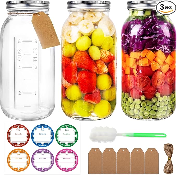64 oz Wide Mouth Mason Jars with Lids and Bands, 3 Pack Half Gallon Canning Jars, Large Glass Jars for Pickling, Preserving, Meal Prep