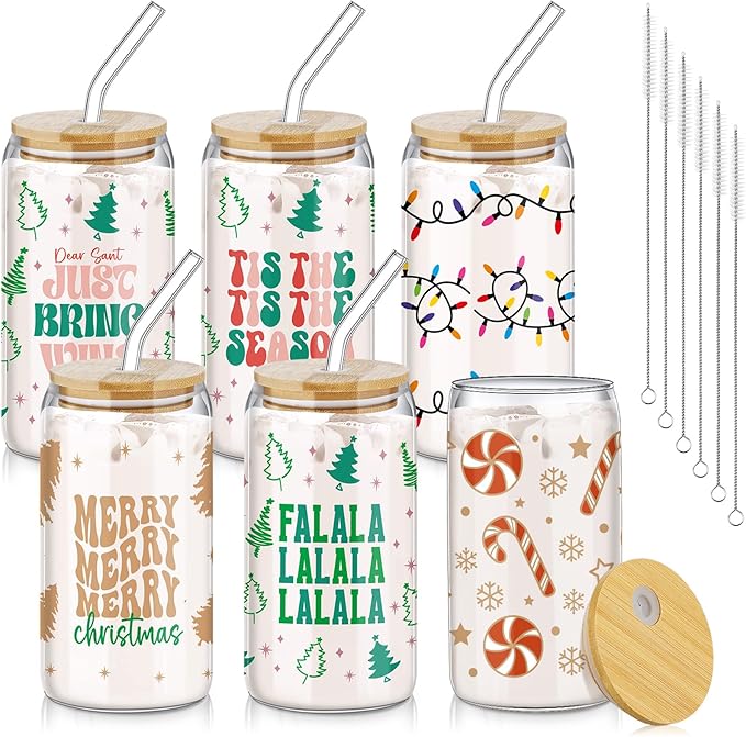 6 Pcs Christmas Glasses 16 oz Xmas Glass Cups with Lid and Straw Can Shaped Beer Tumbler Christmas Appreciation Gifts for Women Teenager Birthday Party Favor