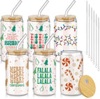 6 Pcs Christmas Glasses 16 oz Xmas Glass Cups with Lid and Straw Can Shaped Beer Tumbler Christmas Appreciation Gifts for Women Teenager Birthday Party Favor