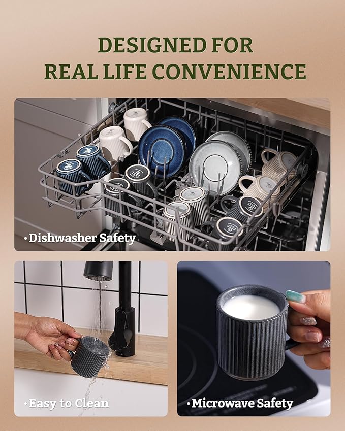 famiware Star Espresso Cups and Saucers Set of 4, [ Mini ] 3 oz Ceramic Small Coffee Mug with Handle, Ribbed Stoneware Demitasse Cup for Tea, Latte - Microwave & Dishwasher Safe - Matte Dark Charcoal