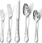 KINGSTONE Vintage Silverware Set, 40-Piece 18/10 Stainless Steel Silverware Set for 8 with Floral Handles, Design Mirror Polished, Utensil Sets for Home Restaurant Wedding，Dishwasher Safe
