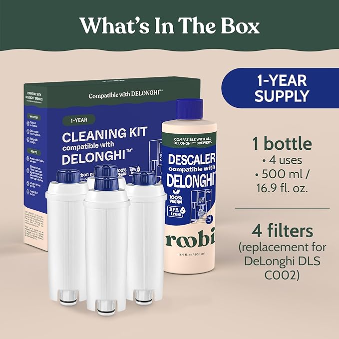 Roobi DeLonghi Compatible Cleaning Descaling Kit. Includes 1 Bottle of Descaling Solution and 4 DeLonghi Filters. Carbon Neutral DeLonghi Cleaner Descaler Kit. 1 Year Supply.