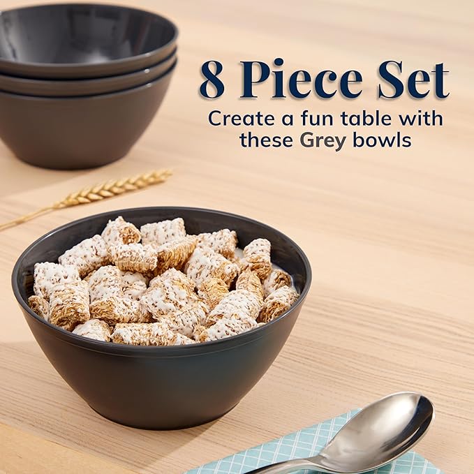 US Acrylic Wheat Straw Unbreakable 28 oz. Stackable Cereal Bowls for Snacks & Ice Cream in Grey (Set of 8) 6-inch Reusable, BPA-Free, Dishwasher Safe Dinnerware, Made in USA