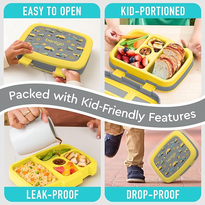 Bentgo Kids Prints Leak-Proof, 5-Compartment Bento-Style Kids Lunch Box - Ideal Portion Sizes for Ages 3-7, Durable, Drop-Proof, Dishwasher Safe, & PFAS & BPA-Free Materials (Construction Trucks)