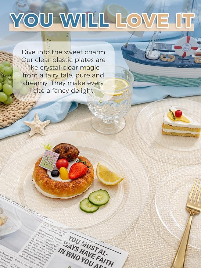 WDF 200PCS Clear Plastic Plates for Party - Heavy Duty Clear Disposable Plates - 100 x 10"Dinner Plate and 100 x 7" Dessert/Cake Plastic Plate for Weddings/Traval/Party/BBQ/Events