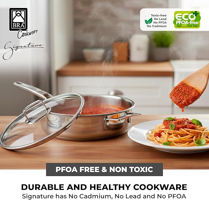 BRA COOKWARE Signature Sauté Pan w/Glass Lid | 11 inches - 4 quarts Professional Low Casserole | Stainless Steel Sauté Pan | All Stovetop Compatible - Full Induction | PFOA Free | Polished Finish