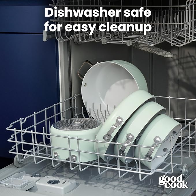 GoodCook Ceramic Cookware Set 5-Piece with Removable Handle, Induction Compatible, Nonstick and Oven Safe with 8-Inch Frypan, Sage Green