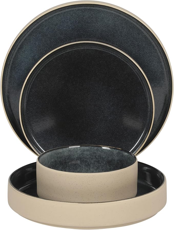 Gibson Elite Liberty Bay 16-Piece Pottery Clay Stoneware Dinnerware Set – Blue Reactive Glaze, Stackable Plates and Bowls W/Pasta Bowl, Service for 4 – Microwave & Dishwasher Safe