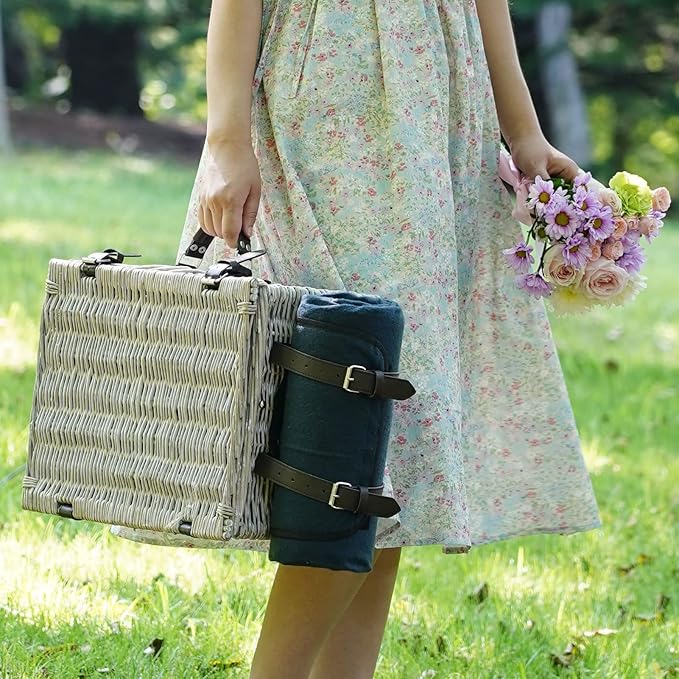 Picnic Basket Sets for 2 Persons with Insulation Cooler,Waterproof Picnic Blanket, Tableware for Family,Party,Outdoor Living,Camping Gift
