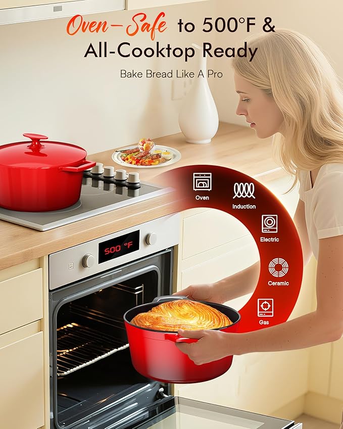 Nuwave 6QT LUX Healthy Enameled Cast Iron Dutch Oven Pot with Lid, Heavy Duty 7-Layer Enamel, Enhanced Rust Protection, Dual Handles, Oven Safe to 500°F for Sourdough Bread Baking, Braise, Stew, Roast