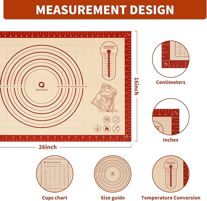 Silicone Baking Pastry Dough Mat - 26x16Inch Extra Large Cookie Bread Rolling Mats Sheet, Nonstick Kitchen Counter Kneading Board, Thick Reusable Pie Cookies Pizza Fondant Making Matt with Measurement