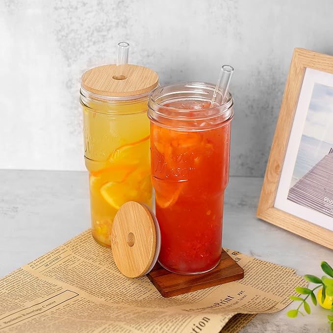 ANOTION Glass Cups with Lids and Straws 2 Packs, 24oz Travel Coffee Mug Wide Mouth Bamboo Mason Jar Iced Coffee Cup Smoothie Cup Glass Tumbler Tea Cup Clear Cute Water Cups Drinking Jars Glasses