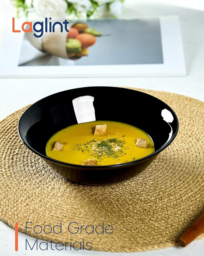 25OZ Cereal Soup Bowl Set of 4, Opal Glass 7.5 inch Black Bowls for Ramen, Noodle, Salad, Fruit, Dishwasher and Microwave Safe