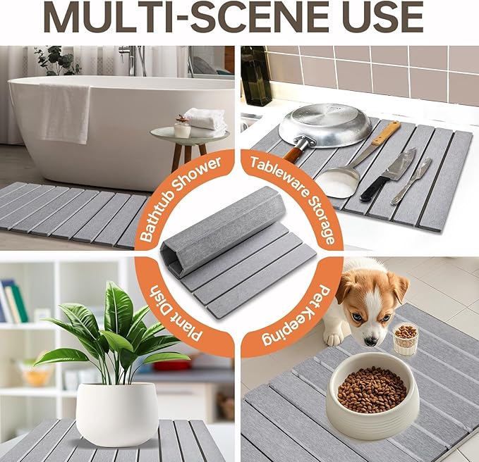 Stone Dish Drying Mats for Kitchen Counter, 24"(L)×16"(W) Collapsible Diatomaceous Earth Mats, Eco-Friendly Absorbent Dish Drying Mat for Dishes Bottles Cups, Match Any Countertop