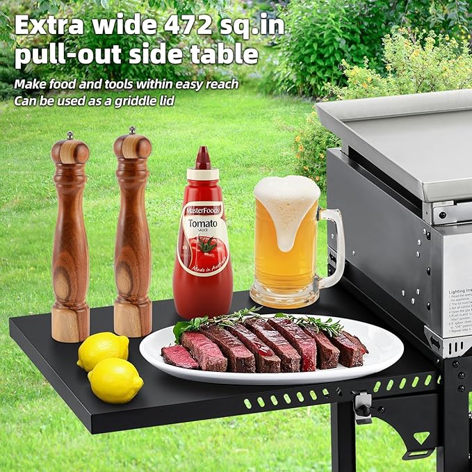 MELLCOM 3 Burner 30000 BTU Outdoor Gas Griddle with Lid (Side Shelf), Portable Flat Top Griddle 28 Inch Heavy- Duty Cast lron Grill, Bottle Rack & Grease Pan for Camping, Picnic, Patio