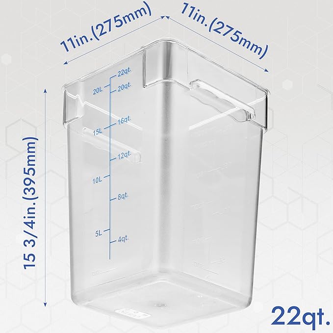 CURTA 4 Pack Food Storage Containers with Blue Lids - NSF Listed Commercial Grade in 22.0 Qt - Square, Clear, Polycarbonate