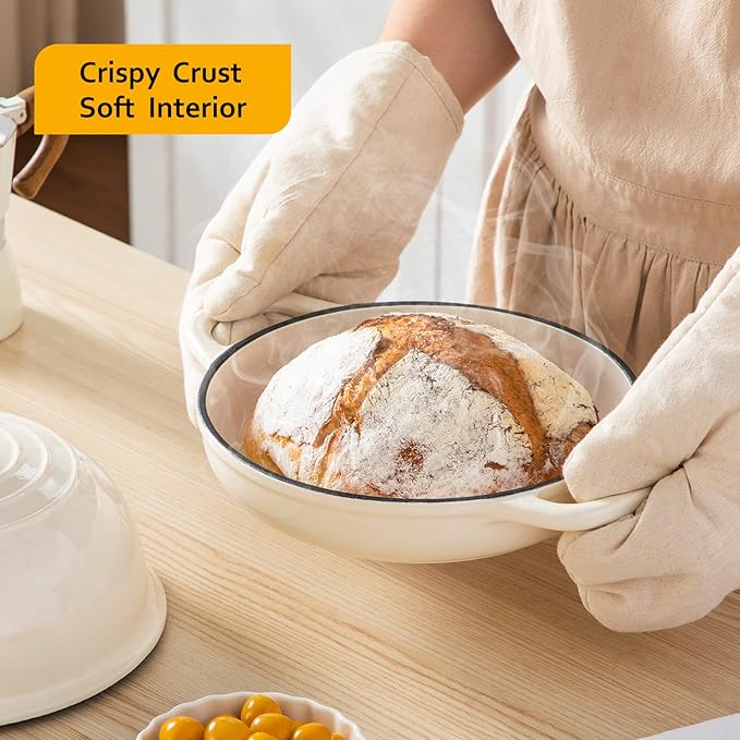 Velaze Enameled Cast Iron Dutch Oven for Bread Baking,5 QT Round Bread Oven Pot with Dome Lid for Sourdough, Roasting,Braising(White)