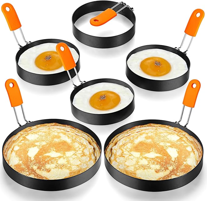 Patelai 6 Pcs Professional Egg Ring Pancake Ring Set Stainless Steel Fried Egg Molds Griddle Pancake Shapers with Orange Silicone Handle for Breakfast Omelette Sandwich(4, 6 Inch)