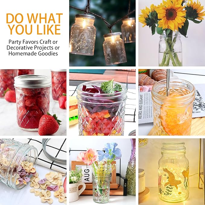 8oz Mason Jars, Canning Jars,Jam Jars forJelly,Honey, Wedding Favors, Food Storage,Kitchen & DIY Gifts, with Lables,Sponge Brush,Pen and Red Hemo Rope,Set of 24