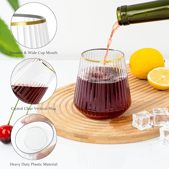 36 Pcs 12 oz Plastic Gold Rim Ribbed Wine Glasses, Reusable Champagne Glasses Elegant Whiskey Glasses Ideal for Weddings, Bars, Christmas, Halloween,Holidays,pool party,Daily Use