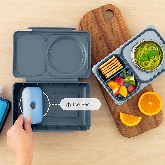 Omie OmieBox UP bento Box for Kids | Insulated Lunch Box | Leak Proof Vacuum Insulated Thermal Food jar | Cooler ice Pack | 2 Compartments (Graphite)