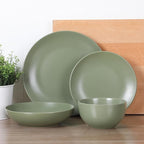 Gibson Home Queenslane 16-Piece Matte Green Stoneware Dinnerware Set – Double Bowl Plates and Bowls, Durable Kitchen Dinner Set