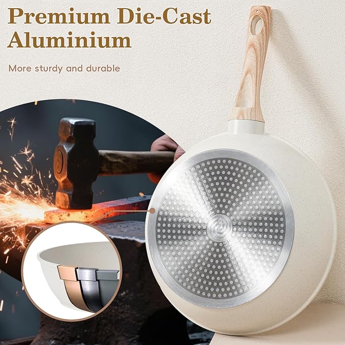 12Pcs Non-Stick Pots and Pans Set, White Granite Induction Cookware Set, Non-Toxic Healthy NonStick Kitchen Cooking Set with Pans Set, Soup Pot (No PFAS/PFOA/PFOS)