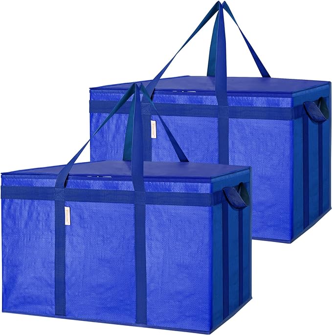 BALEINE 2Pk Insulated Reusable Grocery Bags, Collapsible Cooler Bag for Groceries, Heavy Duty Large Insulated Bag (24''x14''x15'', Midnight Blue)