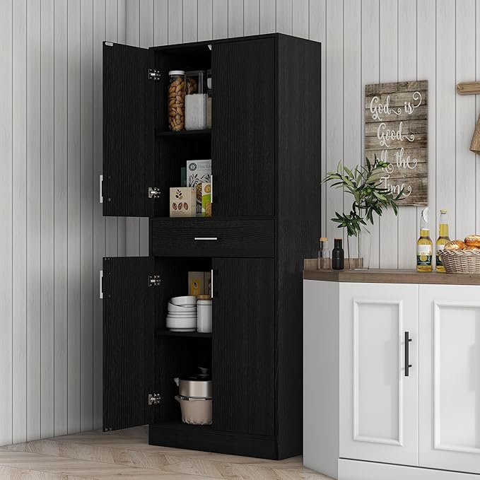HOMCOM 71" Kitchen Pantry Cabinet with Drawer and Adjustable Shelf, Freestanding Tall Storage Cabinet with 2 Double Door Cupboards, Distressed Black