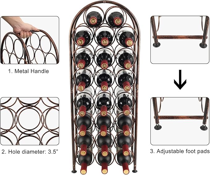 PAG 23 Bottles Arched Freestanding Floor Metal Wine Rack Wine Bottle Holders Stands, Antique Brown