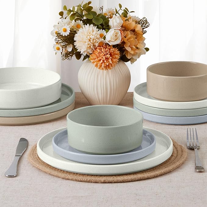 E-far Dinnerware Sets for 8, 24-Piece Stoneware Plates and Bowls Dish Set, Modern Kitchen Dinning Dishware, Chip and Scratch Resistant, Microwave & Dishwasher Safe, Speckled Multicolor
