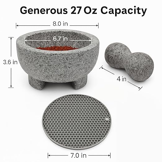 Granite Mortar and Pestle Set with Silicone Base – Large Guacamole Bowl and Masher, Herb Grinder, Spice Grinder, Garlic Smasher, Avocado Masher Tool, Stone Mill Grinder for Kitchen Spices