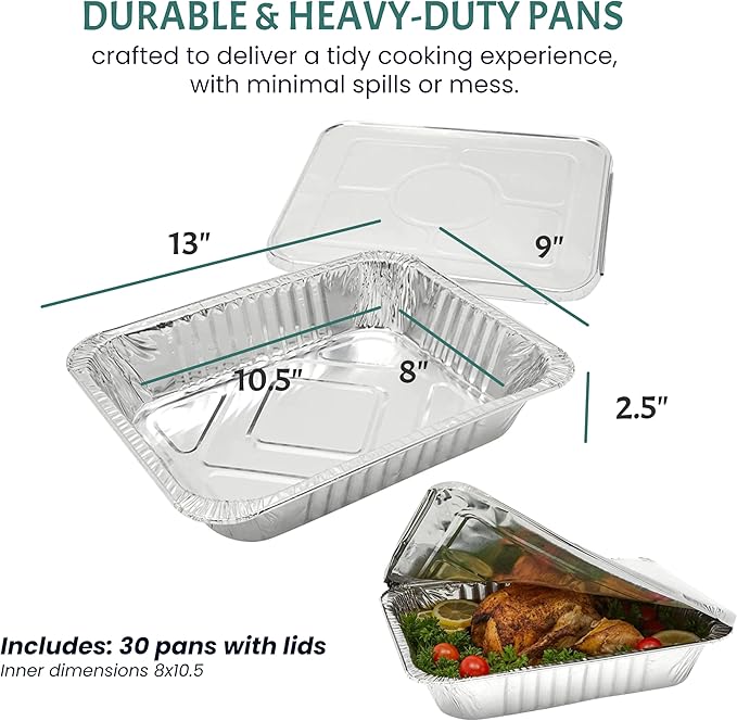 FUNSTITUTION Aluminum Foil Pans 9x13 (30 Pack) - Disposable Aluminum Baking Pans With High Heat Conductivity For Grilling, Cooking, Storing, Prepping
