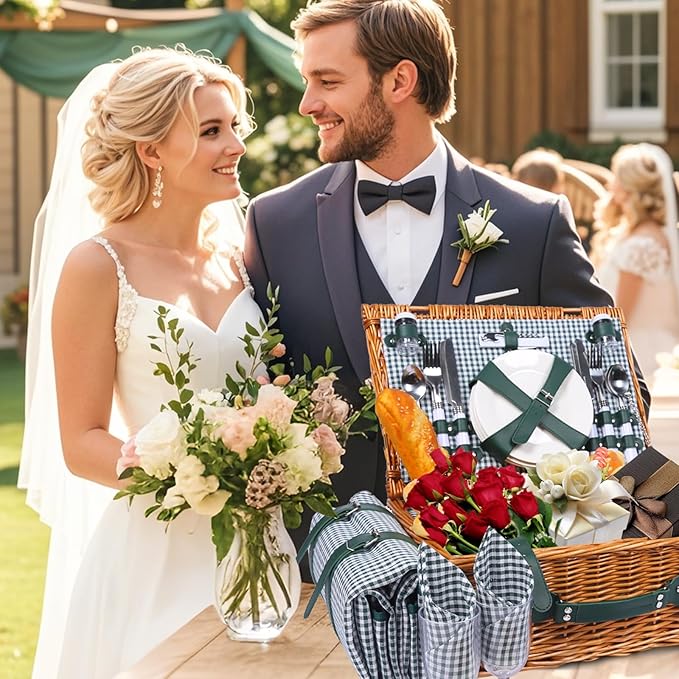 Picnic Basket Set for 4 with Waterproof Blanket Mat Insulation Bag Wicker Green Plaid Classic Vintage Fresh Cottagecore Gift for Wedding Birthday Summer Outdoor Camping Beach Travel Christmas