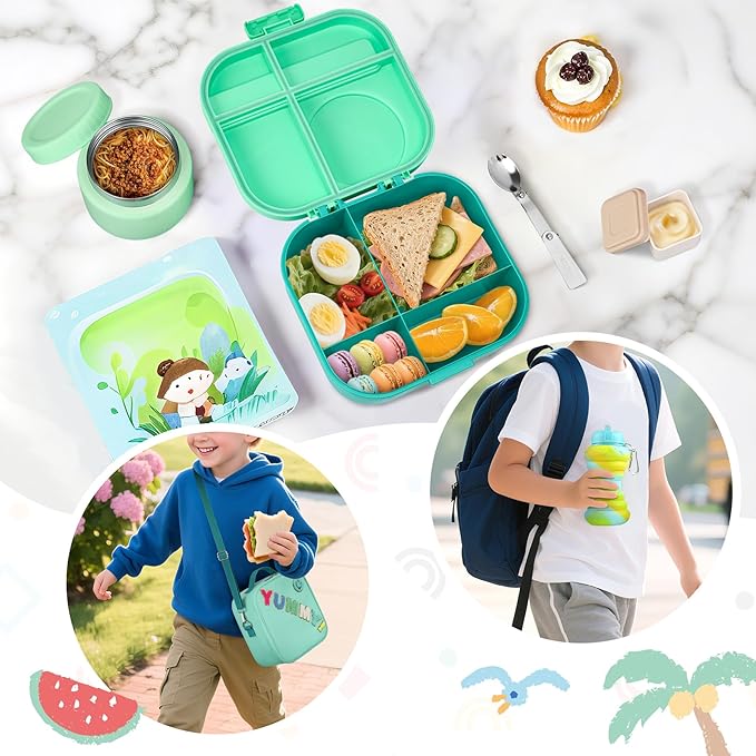 Kids Bento Lunch Box with 12oz Soup Thermo, Kids Leakproof Lunch Food Container with 4 Compartments, Insulated Lunch Bag & Water Cup for Girls Boys to School Travel