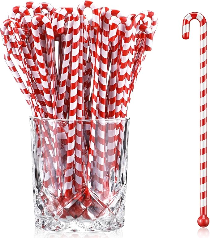 Chengu 100 Pcs Christmas Drink Stirrers Xmas Stir Sticks Bulk Holiday Coffee Stirrers Plastic Swizzle Stick Hot Cocoa Bar Supplies Chocolate Decoration Reusable Cocktail Mixer(Candy Cane)