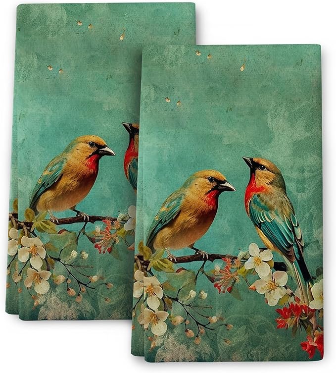 Cute Birds Kitchen Towels Decorative Set, Green Absorbent Dish Towels Tea Towels Hand Towels for Kitchen Bathroom Bar Farmhouse Decor,Gifts for Bird Lovers