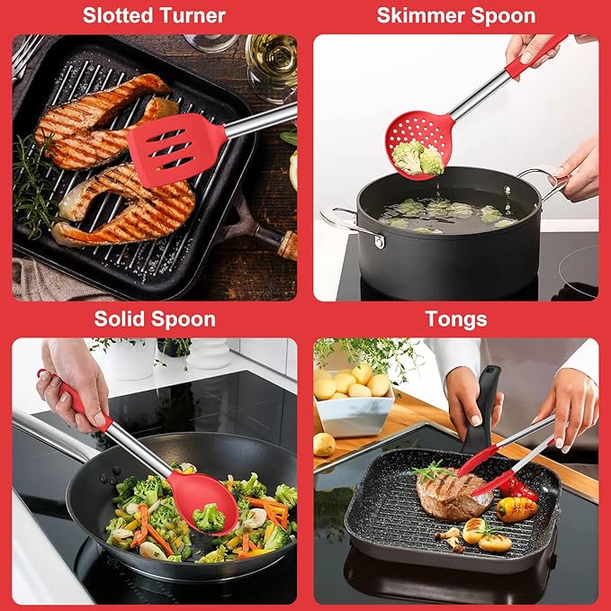 E-far Silicone Cooking Utensils Set, 7 Pcs Heat Resistant Kitchen Utensils with Stainless Steel Handle, Slotted Turner, Spoon, Soup Ladle, Pasta Server, Skimmer, Tongs for Nonstick Cookware, Red