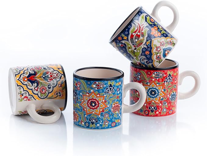 Ceramic Espresso Cups, 5 Oz Espresso Cups Set of 4, Handmade Espresso Cup, 2.75 Inch Espresso Mugs, Multicolor Demitasse Cups, Microwave & Dishwasher Safe Espresso Mugs, Coffe Mug Set (FLOWER BLOOM)