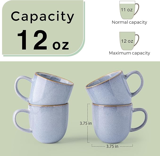 AmorArc 12oz Coffee Mugs, Ceramic Coffee Mugs set of 6 for Man, Woman, Dad, Mom, Modern Coffee Mugs with handle for Latte/Cappuccino/Milk/Cocoa. Dishwasher&Microwave Safe, Blue-Reactive Glaze