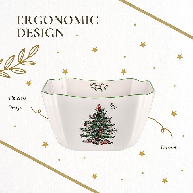 Spode Christmas Tree 10-Inch Square Serving Bowl - Durable Porcelain Bowl for Appetizers & Holiday Dishes - Iconic Christmas Design with Green Trim - Microwave & Dishwasher Safe for Festive Gatherings