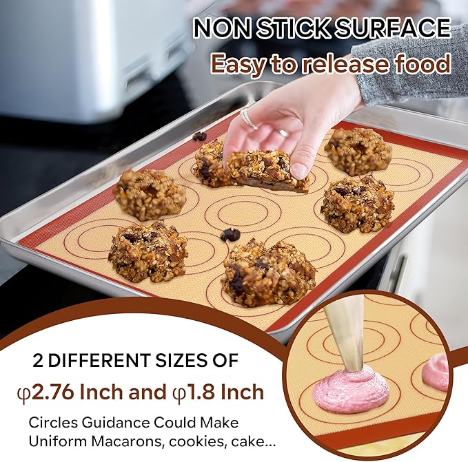 P&P CHEF 15 Inch Silicone Baking Mats, 2 Pcs Reusable Silicone Oven Mat, Non Stick Baking Supplies for Macaroon Pastry Bread Dough Cookie, Fits Well with Sheet Pan, Healthy & Easy Clean