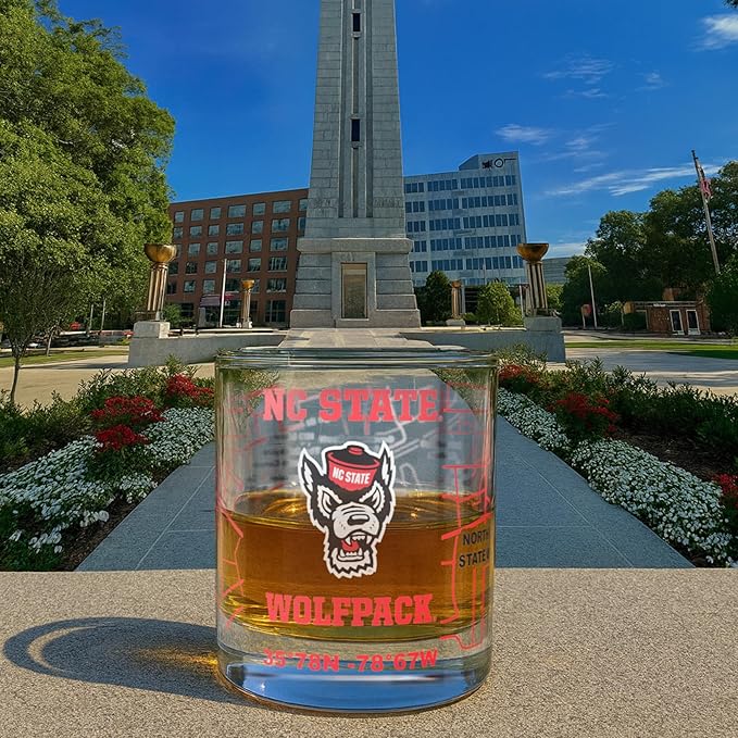 Greenline Goods – North Carolina State University Wolfpack College Whiskey Glasses (Set of 2), 10 oz – Full-Color Logo + Campus Map