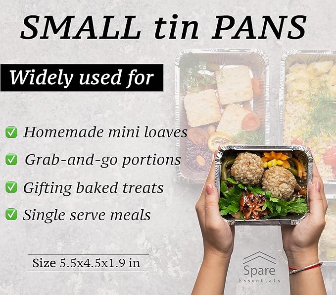Spare Essentials 55 Pack - Small Foil Pans with Lids - To Go Food Containers with Lids 1lb Mini Aluminum Pans Freezer Safe Foil Take out Trays Heat proof Aluminum Meal Prep Containers 5.5x4.5x1.9 in