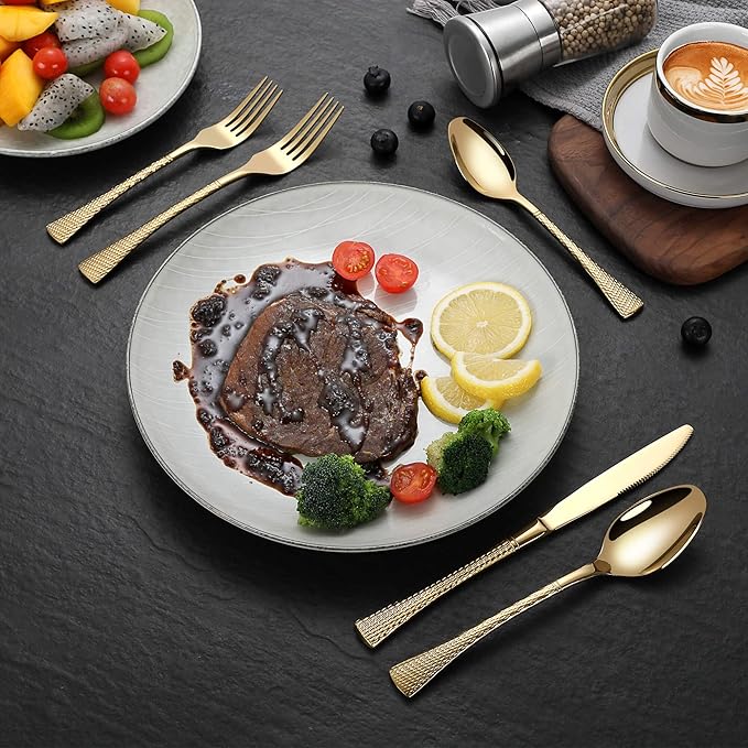 Lemeya Hammered Gold Silverware Set for 8,Stainless Steel 40-Piece Modern Cutlery Set,Mirror Polished Heavy Duty Flatware Set Utensil Set,Knives Spoons and Forks Set,Dishwasher Safe