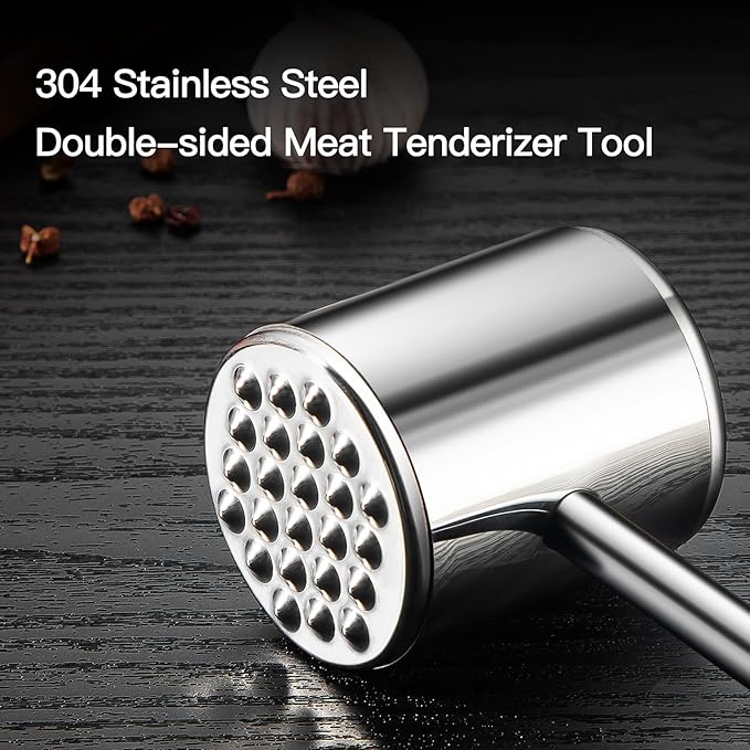 Meat Tenderizer, 304 Stainless Steel Meat Hammer with Wood Handle,Kitchen Meat Mallet for Cooking, Chicken Steak Meat Tenderizer Tool