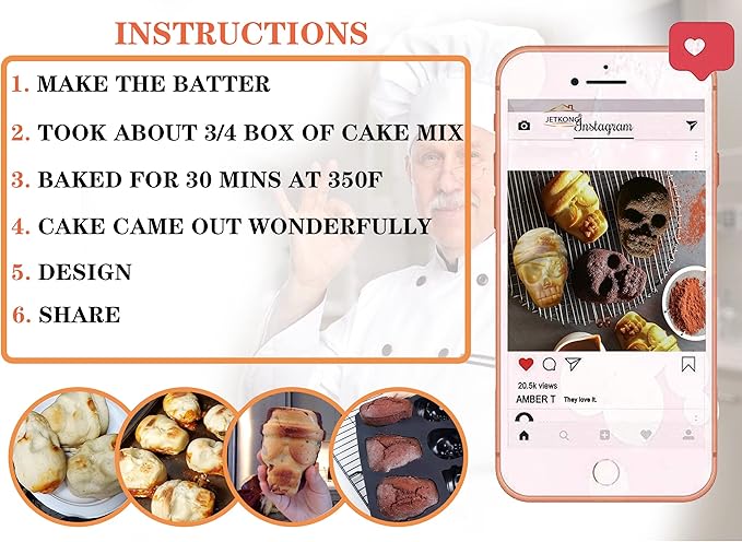 JETKONG Skull Cake Pan Silicone Skull Cakelet Mold Skull Pirate Cake Tin Baking Pan (Black)