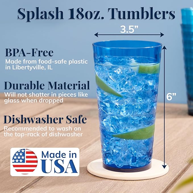 US Acrylic Splash [Set of 16] 18 ounce Plastic Stackable Water Tumblers in 4 Coastal Colors Value Set of Drinking Cups, Reusable, BPA-free, Made in the USA, Top-rack Dishwasher Safe